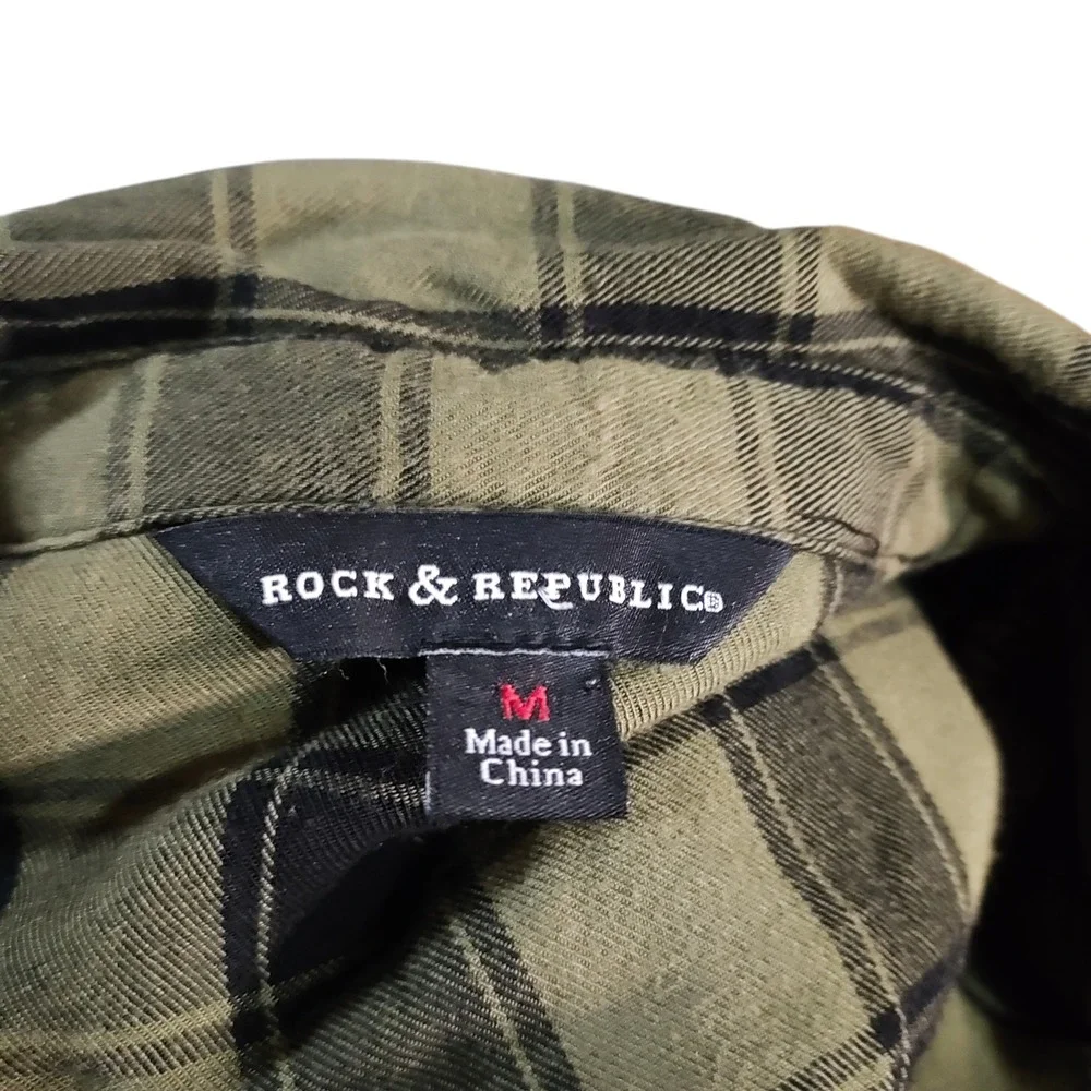 Rock & Republic Womens Olive Green Black Plaid Shirt Dress Grunge Punk Midi‎ - M